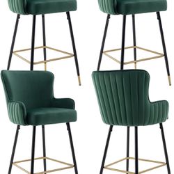 Green Velvet Bar Stools Set of 4, 30" Gold Barstools Modern High Bar Stools with Wingback Upholstered Kitchen Island Stools with Footrest for Home Bar