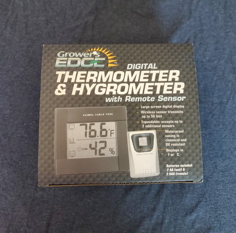 Growers Edge Digital Thermometer & Hygrometer With Remote Sensor-NEW