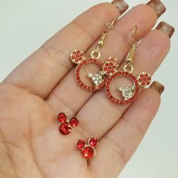Mickey Mouse Red Rhinestone Earrings 4 piece