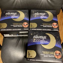 3 Always ZZZ Overnight Disposable Period Underwear Size L/G 10-18, 7 ea