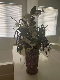 Mosaic Glass Vase with Faux Floral Arrangement