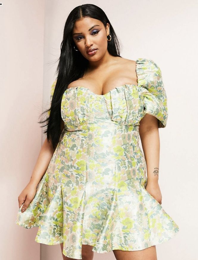 ASOS Luxe jacquard cupped off the shoulder mini dress w/godet detail in floral