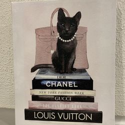 Chanel Dior The Fashion Book Glitter Embellish Canvas Wall Art White Canvas With Black Cat With Pearl Necklace 20”x16”