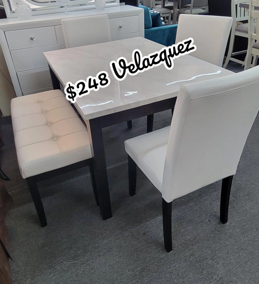 ✅️✅️ 5 pc dark finish wood faux marble top rectangular dining table set with bench ✅️✅️