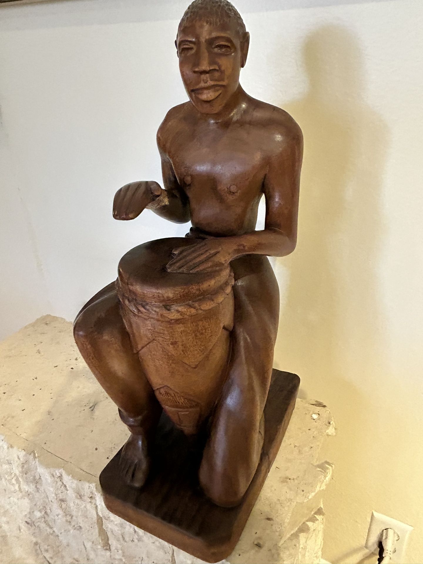 Vintage Signed PJN Charles MAN PLAYING DRUM Mahogany Wood