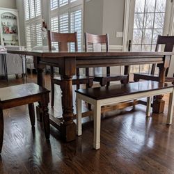 Solid Wood Farmhouse Dining Table w/ 4 Chairs + Bench (Seats 6–7)