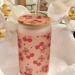 ✨ Cherry Frosted Glass Cup with Bamboo Lid & Glass Straw ✨