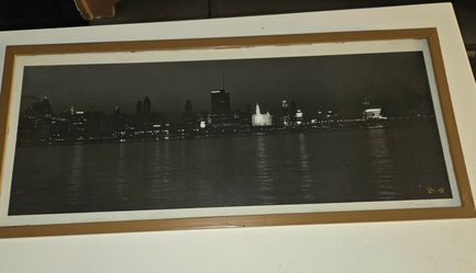 Vintage Chicago Skyline Night Panorama Photograph – Black & White Framed Art Print 22x10