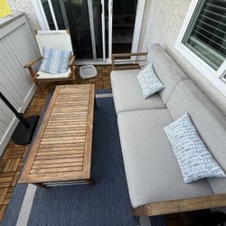 Teak 3 Person Sofa, matching Coffee Table and Folding Chair. Sofa Is 72L x 28W x27H