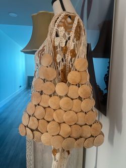 Vintage Boho Wooden Disc Crochet Shoulder Bag Natural Wood Macramé Festival Y2K