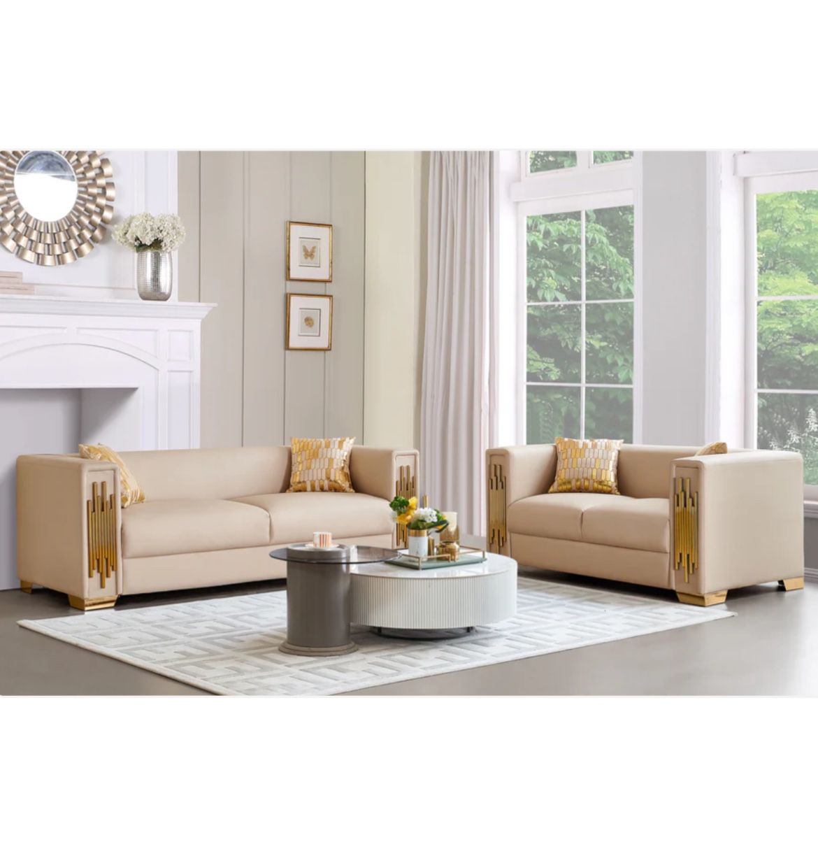 Cream Faux Leather Fabric with Gold Trim Sofa Loveseat Set $1,100 Chair $440 Brand New In Box Firm Price