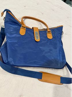 Blue Nylon Tote Bag with Tan Leather Trim
