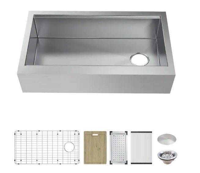 Sink Glacier Bay Zero Radius Farmhouse/Apron-Front 16G Stainless Steel 33 in. Single Bowl Workstation Kitchen Sink with Accessories