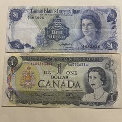 Two collectible banknotes from Canada featuring Queen Elizabeth, one from 1973 and the other from 1974, are in good condition. I am asking $30 