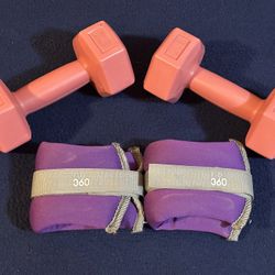 Pair of 2 Pound Each Neoprene Coated Dumbells & Pair of 1 Pound Each Ankle or Wrist Weights