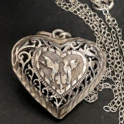 Vintage Diamond-Cut Sterling Silver Heart Pendant Necklace Handmade European 