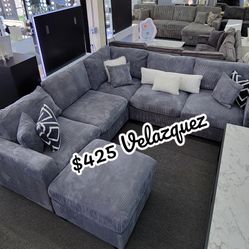 ✅️✅️ 4pc for grey corduroy fabric upholstered sectional sofa with ottoman ✅️✅️