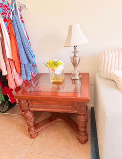 Carved Wood End Table with Glass Top