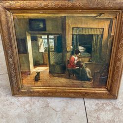 Vintage  Te Maternal Duty  By pieter de Hooch Framed 16 ‘ by 14 ‘ Oil Canvas