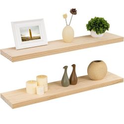 Floating Shelves 36 Inches Long - 8 Inch Deep Rustic Solid Pine Wood for Storage - Farmhouse Wall Mounted for Living Room - Heavy-Duty Metal Bracket -