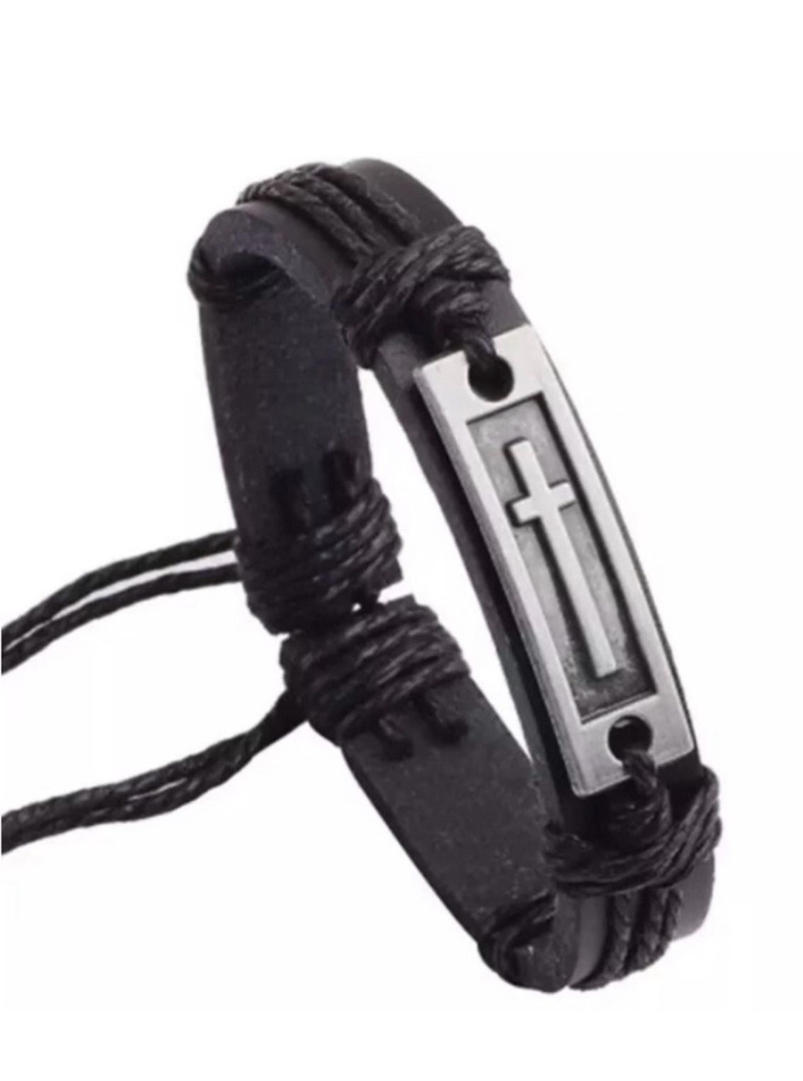 Men’s Boy Black Leather Wrap Silver Cross Adjustable Bracelet