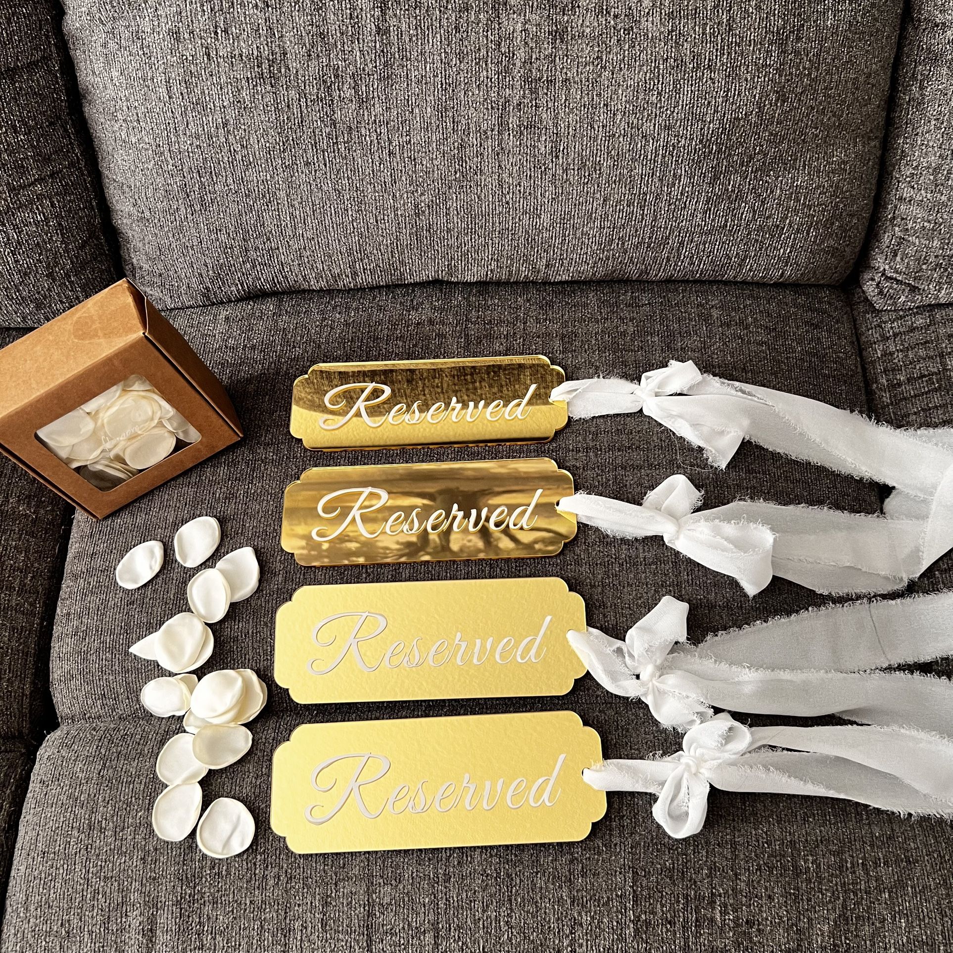 Wedding Bundle: 4 Gold Mirrored Acrylic Hanging Wedding Reserved Seating Sign & Ivory Rose Petals