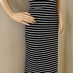 Stripped  Black White T-shirt Tank Dress Open Back Side Slits Casual Dress Small 5/6