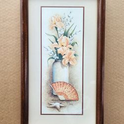 Vintage Malo Iris Flowers Vase Sea Shell Starfish Print Wood Frame 18.5” x 10.5