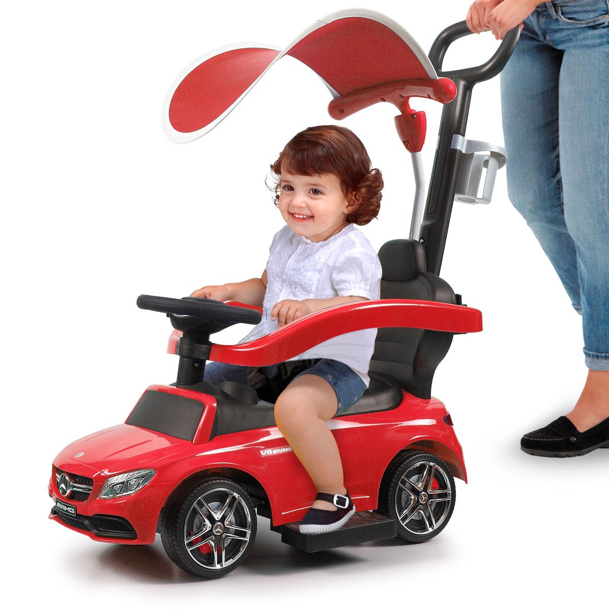 Red Mercedes Benz Kids Ride On Push Car Portable Riding Toy Gift w/ canopy and push rod