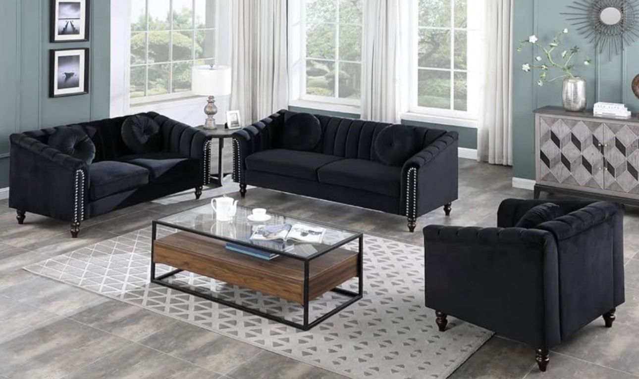 Black Velvet Modern Style Three Piece Couch Set