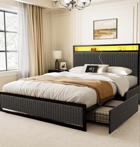 BRAND NEW
Hausource Queen Bed Frame with Headboard & 2 Drawers Storage,Charging Station & LED, Metal Support, Upholstered Velvet,Dark Gray