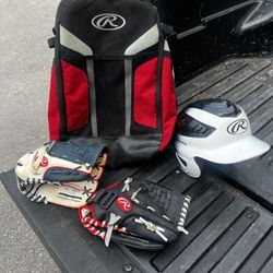 Rawlings Baseball Equipment Lot! One Bag, One Batting Helmet and Two Right Hand Throw gloves! Great condition! Helmet 6.5-7.5 White glove 11in Black G