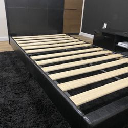 Faux Leather Upholstered Platform Bed Frame With Wooden Slats, Twin, Black