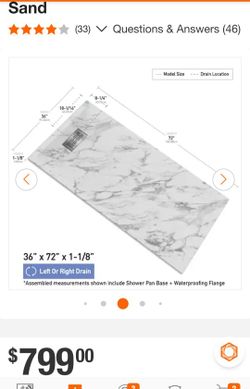 CASTICO
72 in. L x 36 in. W x 1.125 in. H Solid Composite Stone Shower Pan Base with L/R Drain in 