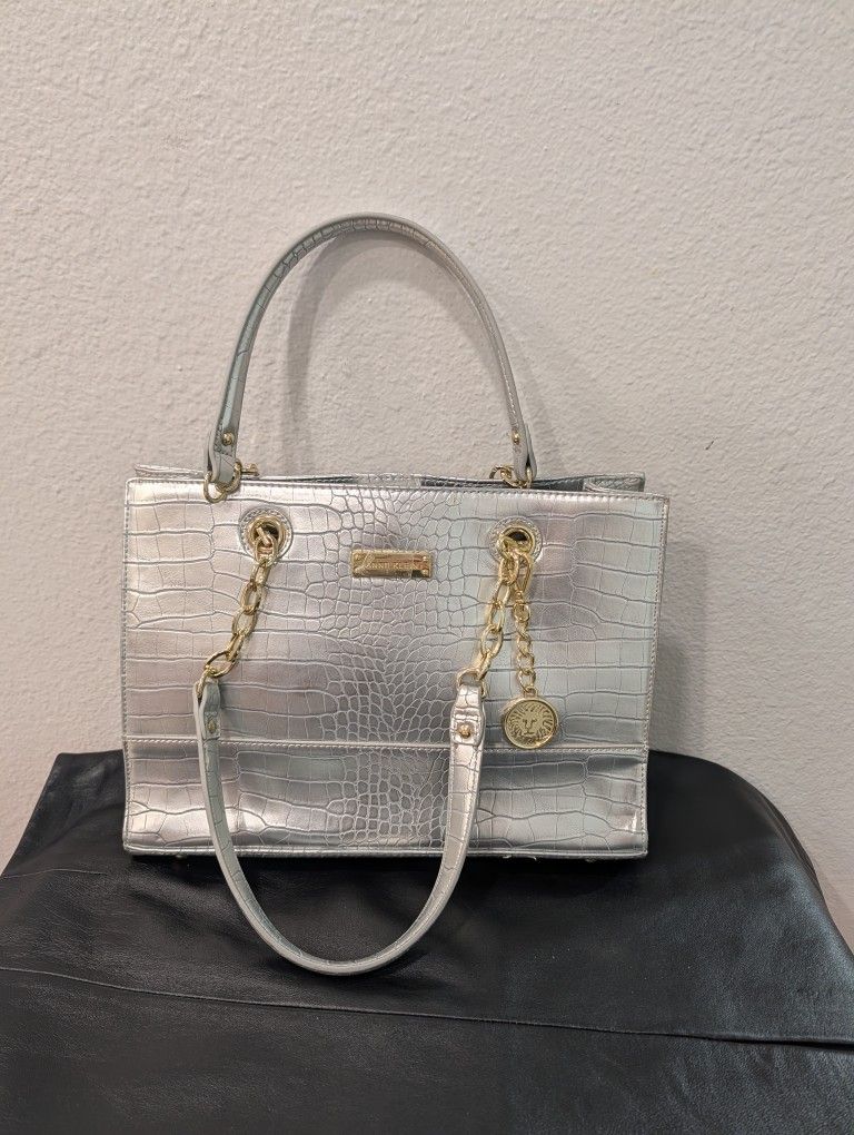 Anne Klein Coast Is Clear Gold Chain Silver Faux Crocodile-Embossed Tote Women's Purse