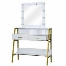 White and Gold Vanity Table with Lighted Mirror