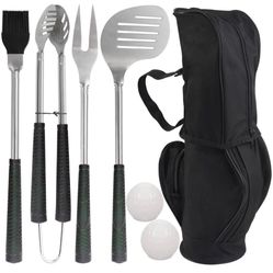 POLIGO 7pcs Golf-club Style BBQ Grill Tool Set with Rubber Handle - Stainless Steel Barbecue Grilling Accessories in Golf-club