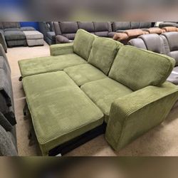 Green Corduroy Sectional Sofa with Pullout Bed