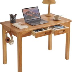Wood Writing Desk with Drawers and Hooks, Small Computer Table, 39x22x30inch Work Desk, Study Table, Small Wooden Dining Table Cherry Wood Color YD-WD