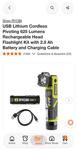 Ryobi USB Lithium Cordless Pivoting 625 Lumens Rechargeable Head Flashlight Kit with 2.0 Ah Battery and Charging Cable