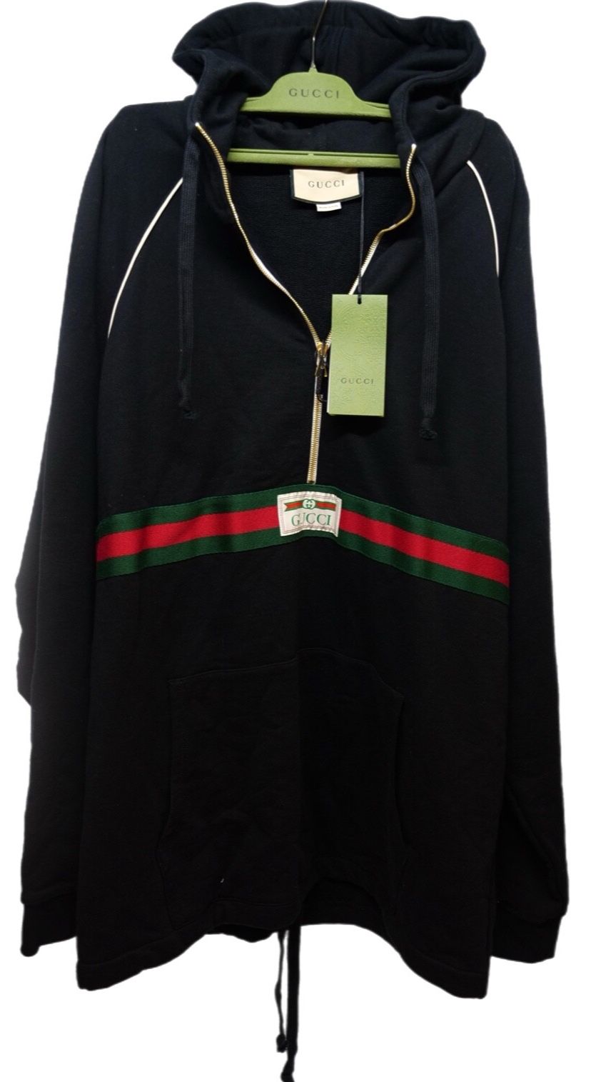 Gucci Cotton Jersey Sweatshirt Hoodie Black Green Red Light Felted Size XXL
