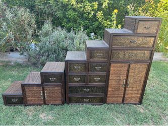 Vintage Asian Step Tansu 2 Piece Double Sided Cabinet Rattan, Metal  & Wood