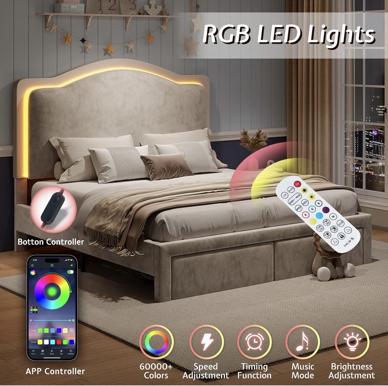 Queen Bed frame With LED Light And Remote 