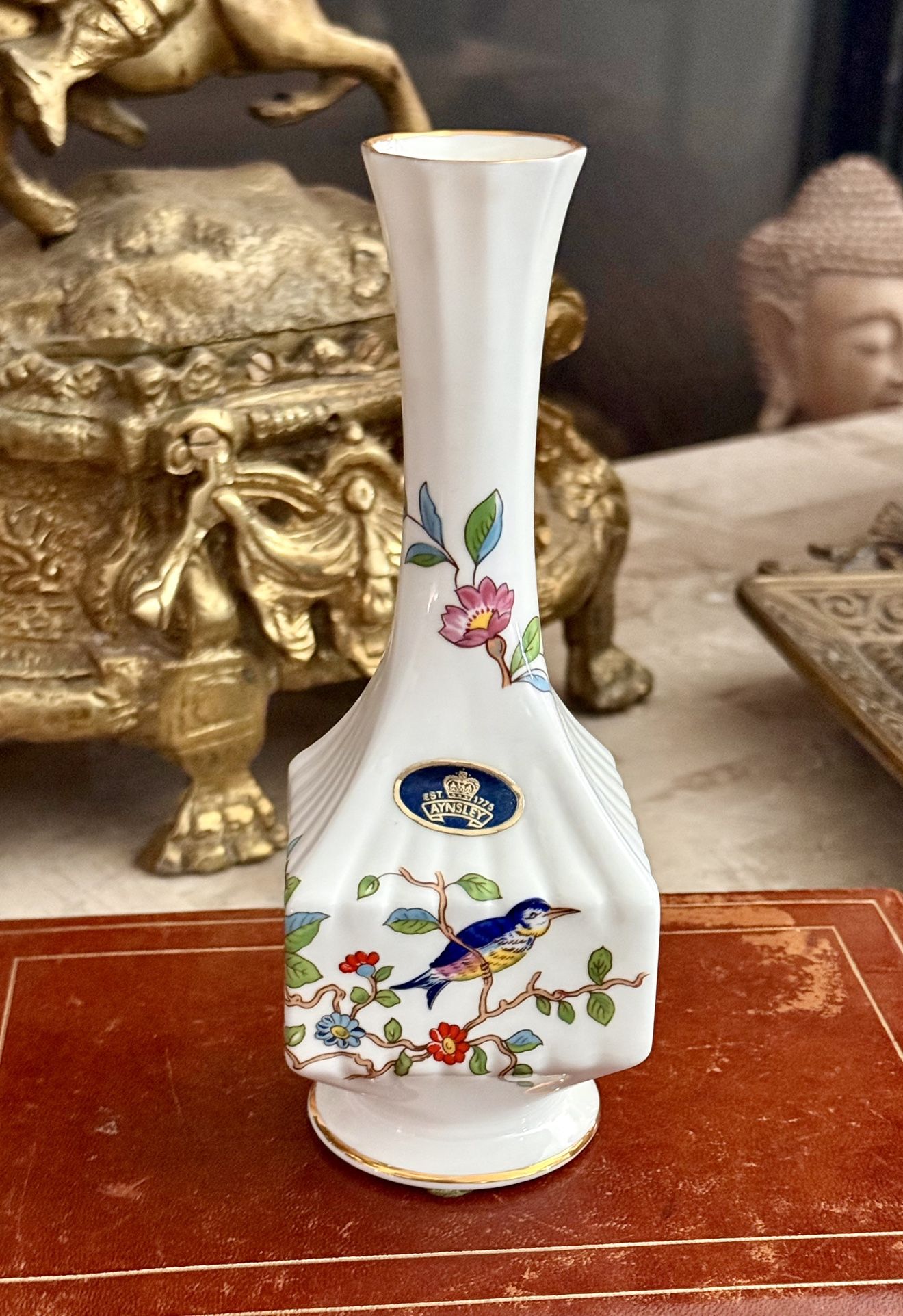 VTG 1985 Aynsley Pembroke Fine English Bone China Square Gilded Floral Bird Vase