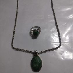 Silver And Turquoise Necklace Pendant And Ring Necklace Length 19 And 3/4 In Ring Size 9 Used