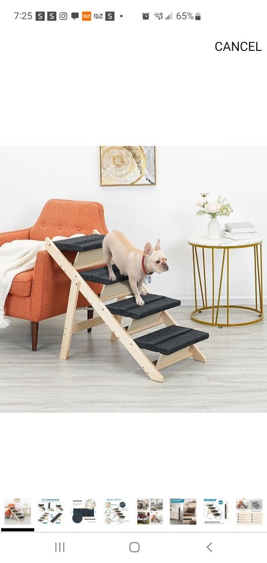 SweetBin Wood Pet Stairs/Pet Steps for All Dogs and Cats - 2-in-1 Foldable Carpeted 3 Tiers Dog Stairs & Ramp Perfect for Beds and Cars - Portable Dog