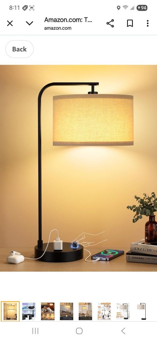 Tall Table Lamp with USB Port and Outlet, Dimmable Nightstand Bedside Lamps with Linen Lampshade, Desk Lamp for Bedroom, Living Room, Guest Room, Home