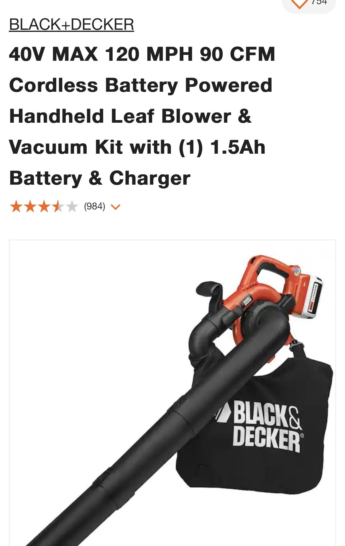 BLACK+DECKER 40V MAX 120 MPH 90 CFM Cordless Battery Powered Handheld Leaf Blower & Vacuum Kit with (1) 1.5Ah Battery & Charger