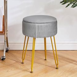 Gray Velvet Ottoman Stool with Gold Hairpin Legs
