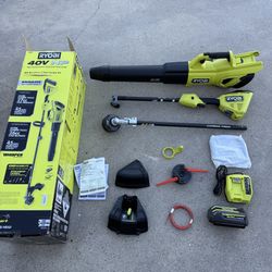 RYOBI 40V HP Brushless 650 CFM 160 MPH Cordless Leaf Blower and Carbon Fiber String Trimmer with 4Ah Battery and Charger  .